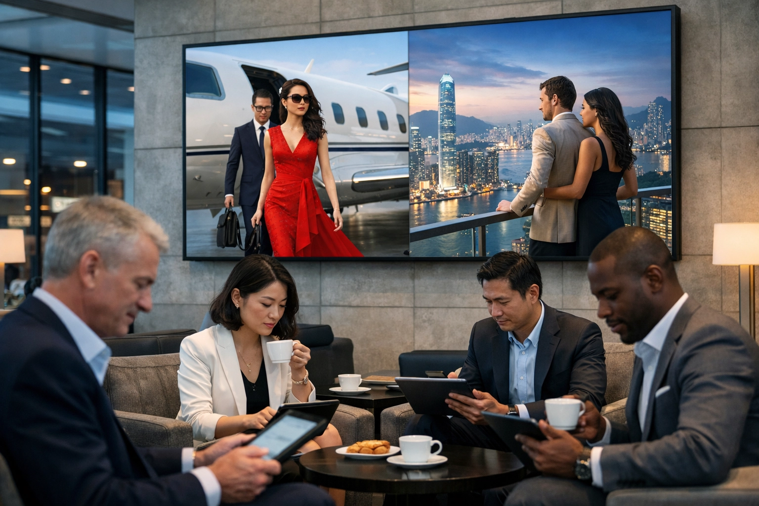 Digital out-of-home screen in an airport lounge targeting business travelers globally.