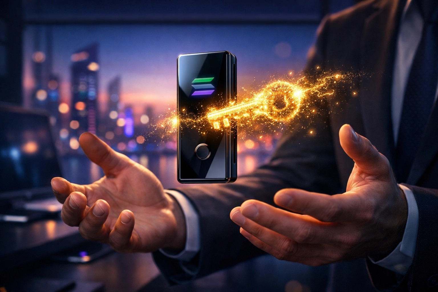 Secure smart wallet with a digital key illustrating Larecoin self-custody and payment ownership.