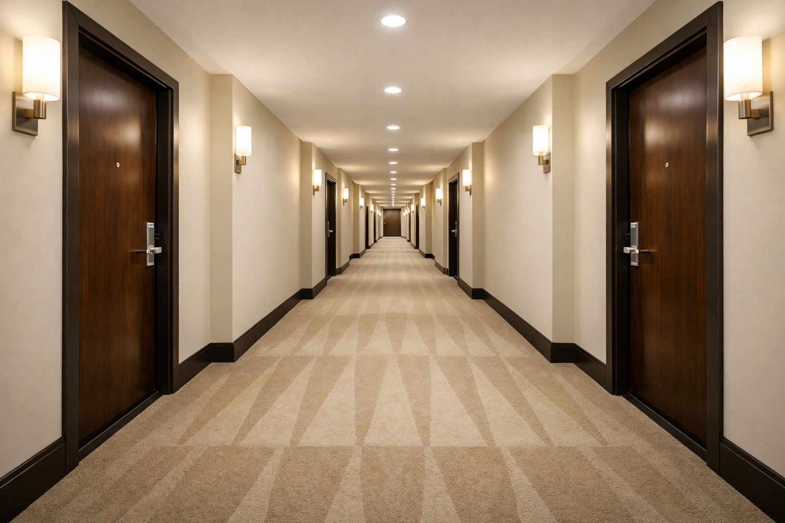 Clean hallway in a Chicago multifamily complex with freshly vacuumed carpets and polished entry doors.