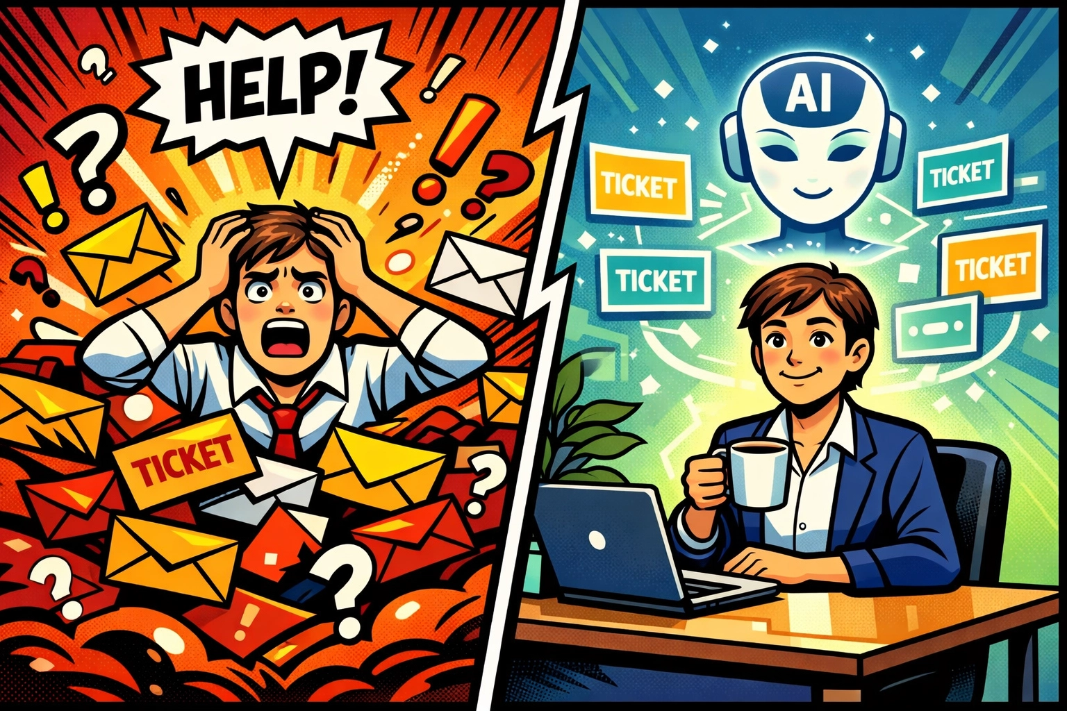 Overwhelmed support inbox versus calm workspace with AI customer support automation