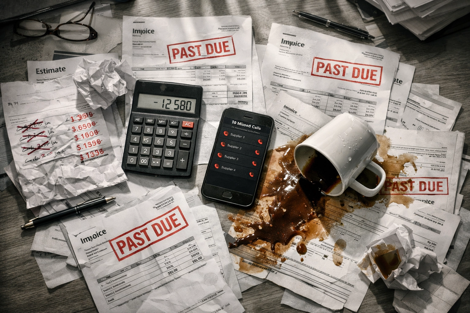 Contractor desk with overdue invoices and financial documents showing margin erosion and cost pressures