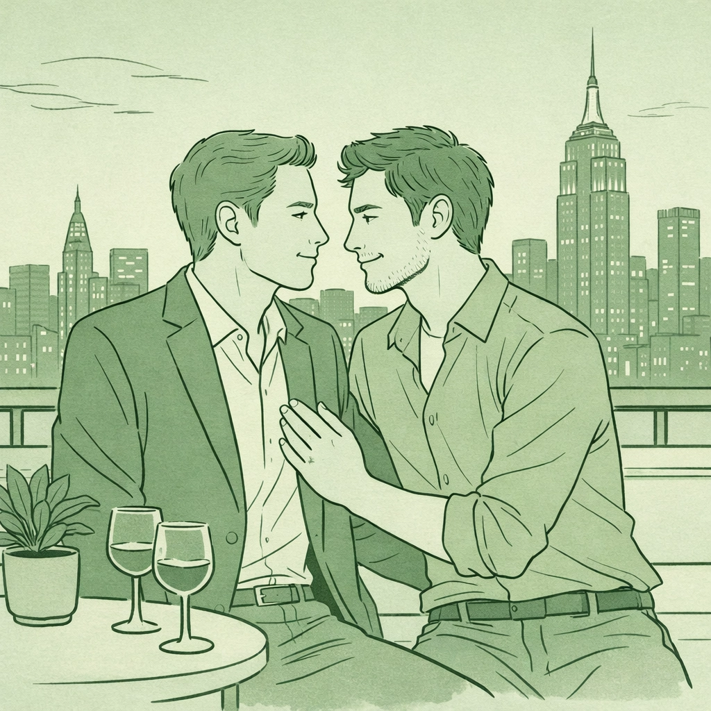 MM couple sharing intimate moment on Manhattan rooftop terrace at evening