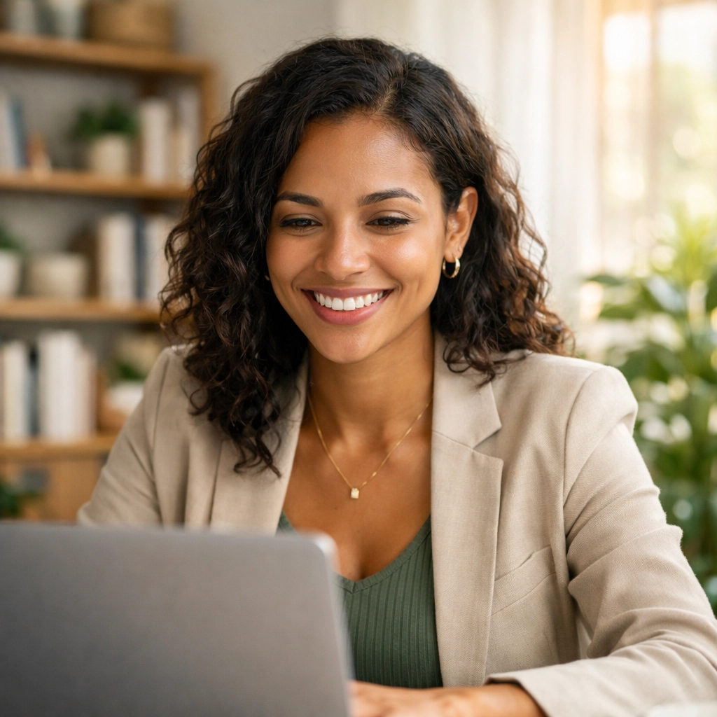 Satisfied woman in her home office applying for a payday loan with no credit check in Canada.