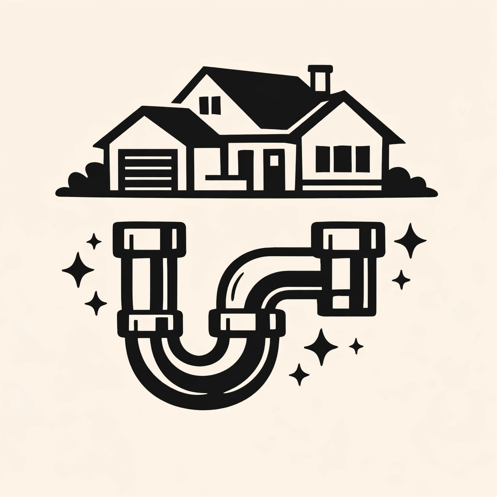 Clean plumbing trap under a Sarasota home silhouette after professional hydro jetting maintenance.