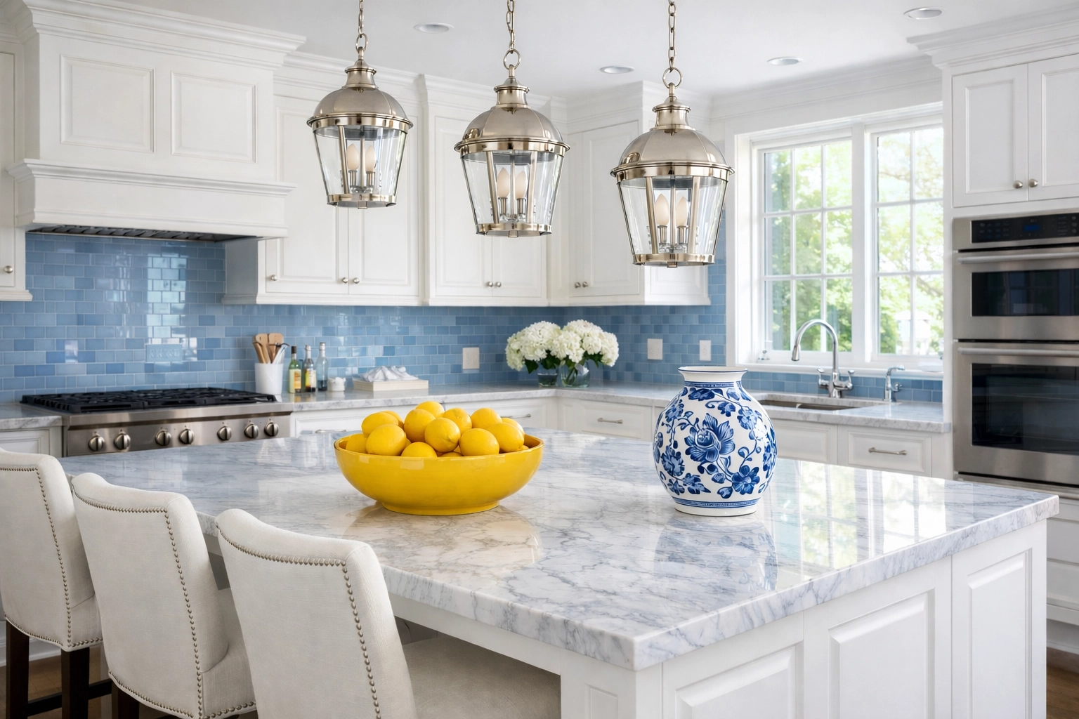 A spotless Wellesley kitchen featuring white cabinets after a professional weekly house cleaning service.