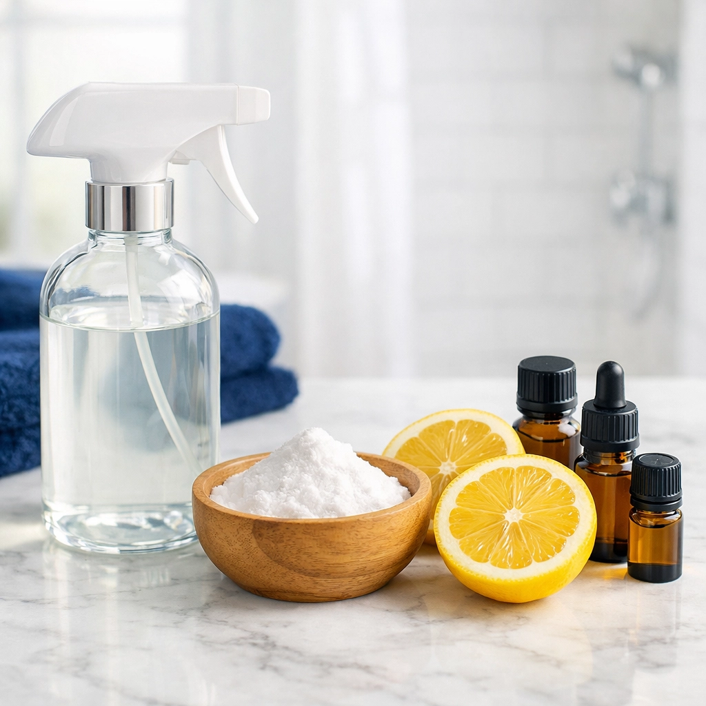Natural bathroom cleaning supplies like lemons, baking soda, and essential oils on a modern marble countertop.