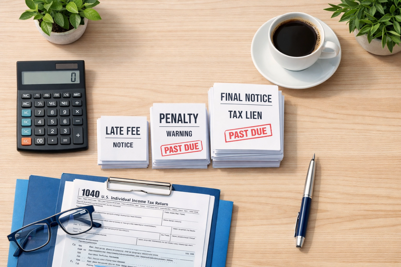 Calculator and stacked tax documents showing escalating IRS penalty costs