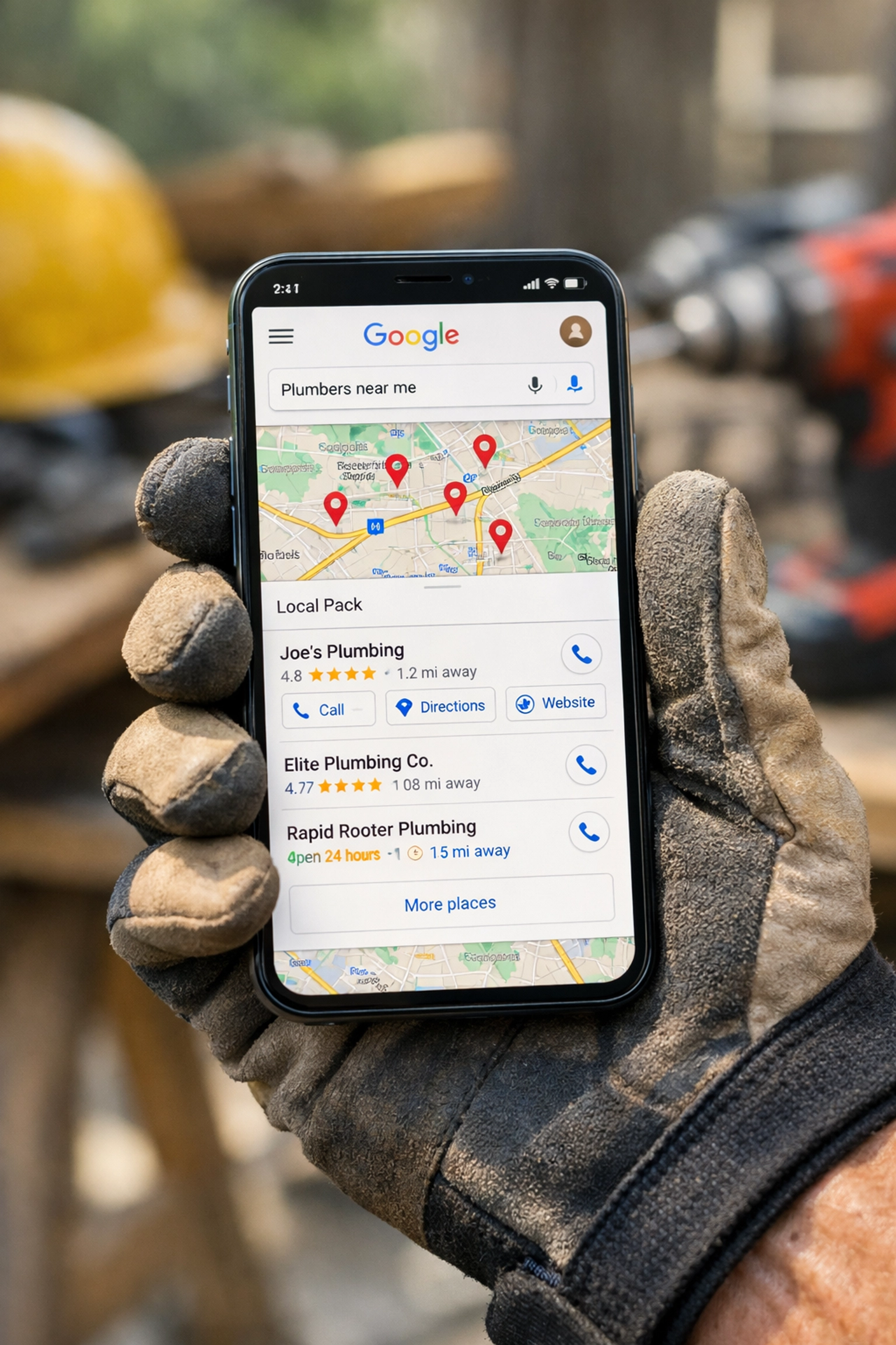 Contractor viewing Google Maps Local Pack results on smartphone at job site Contractor viewing Google Maps Local Pack results on smartphone at job site