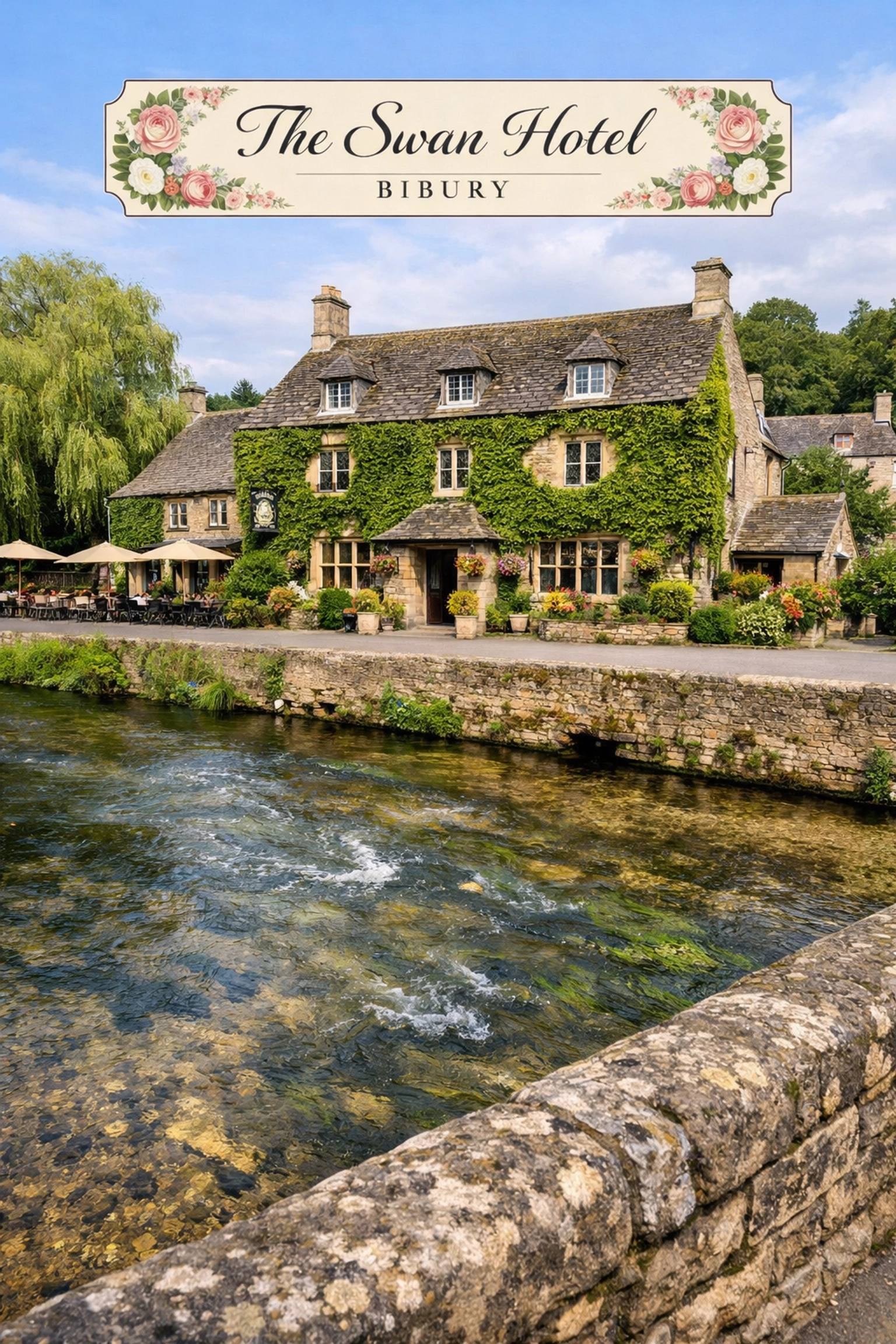 The historic ivy-clad Swan Hotel in Bibury village, showing classic Cotswolds hospitality by the River Coln.
