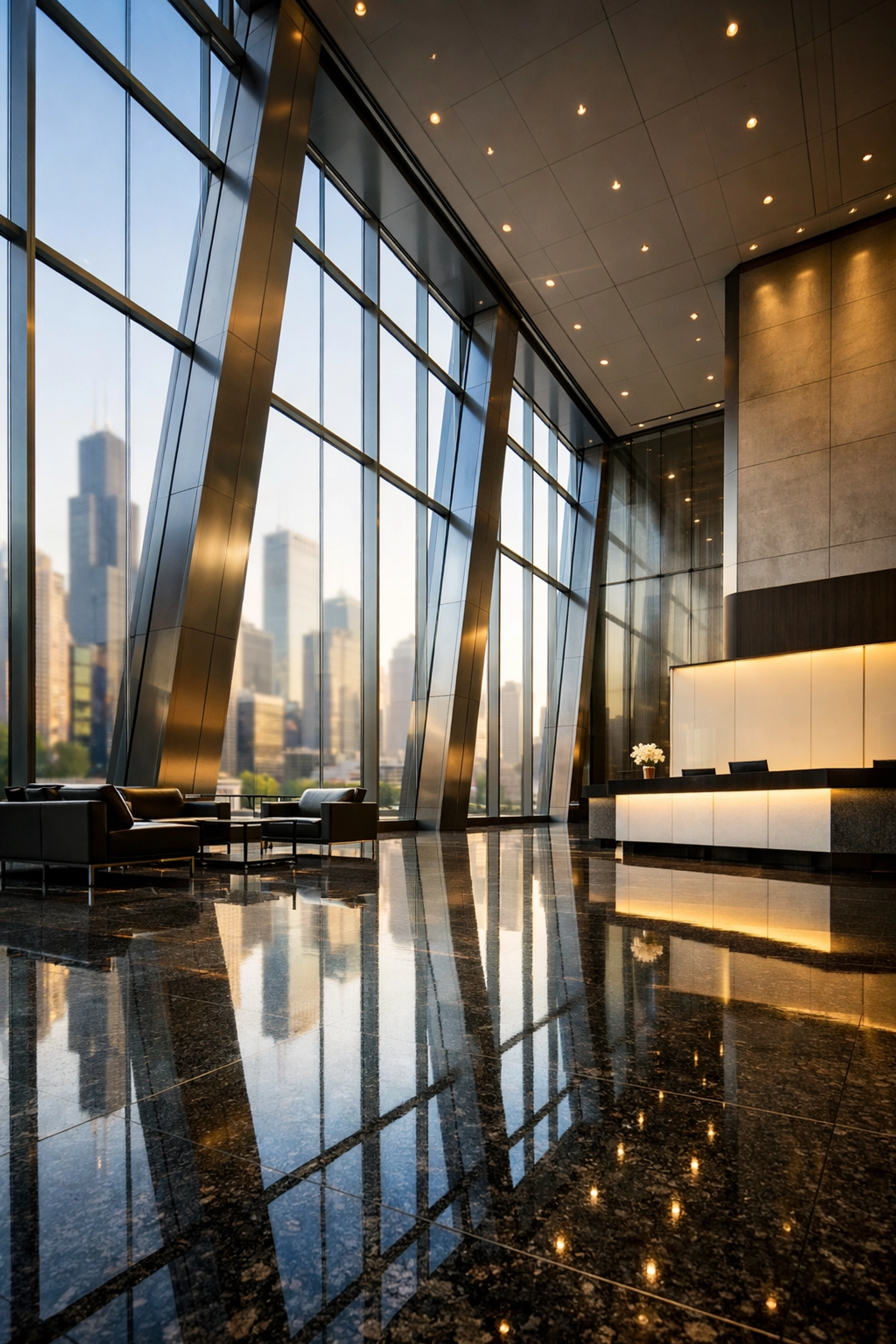 Clean and modern Chicago skyscraper lobby reflecting professional Midwest janitorial standards.