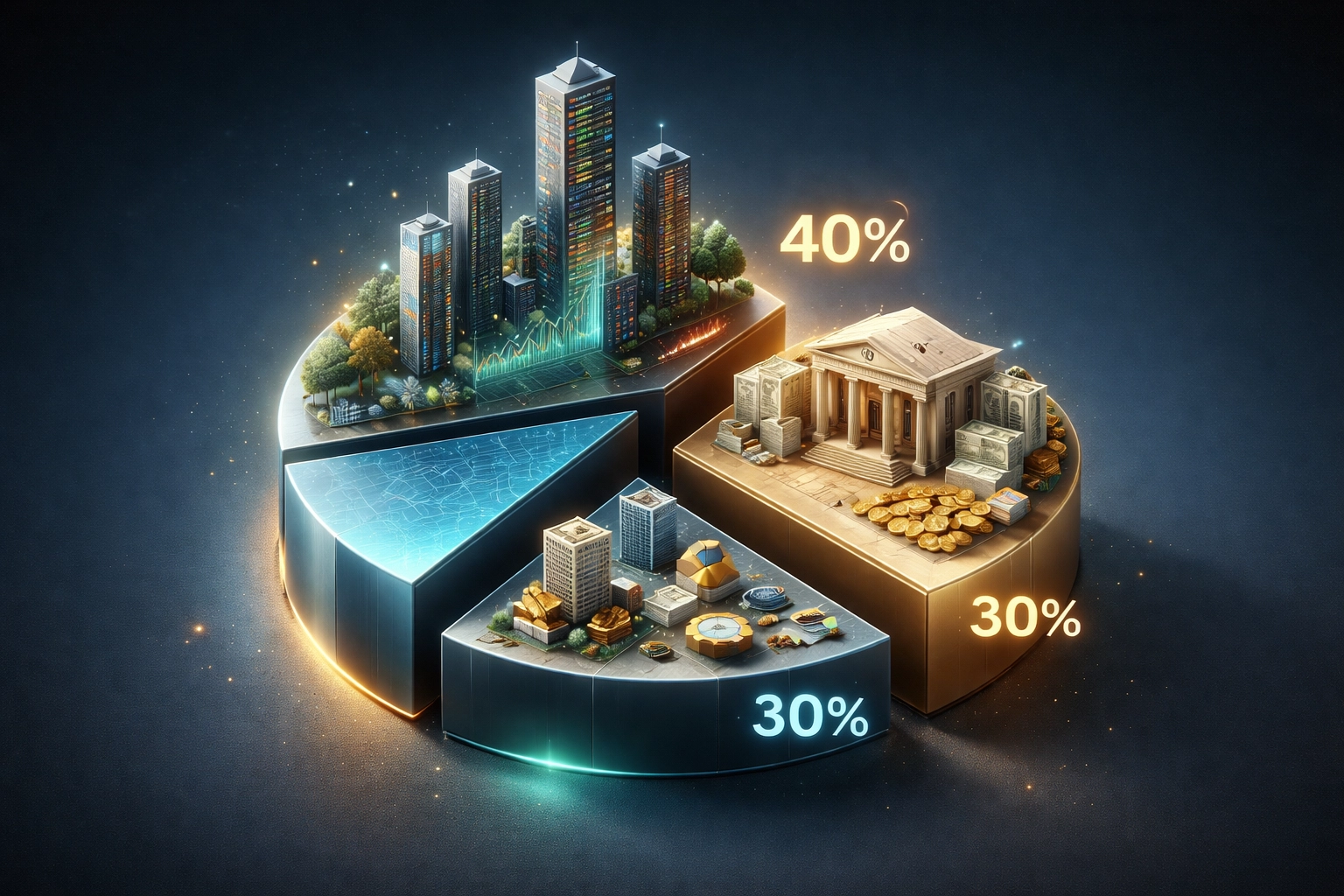 A visual breakdown of the 40/30/30 investment model with islands representing equities, fixed income, and alternatives.