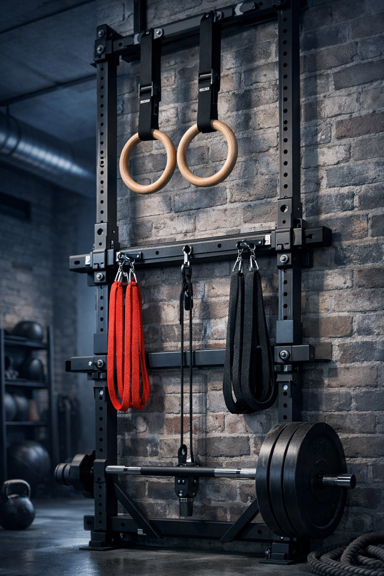 Versatile home gym setup with gymnastic rings and resistance bands attached to a vertical rail system.