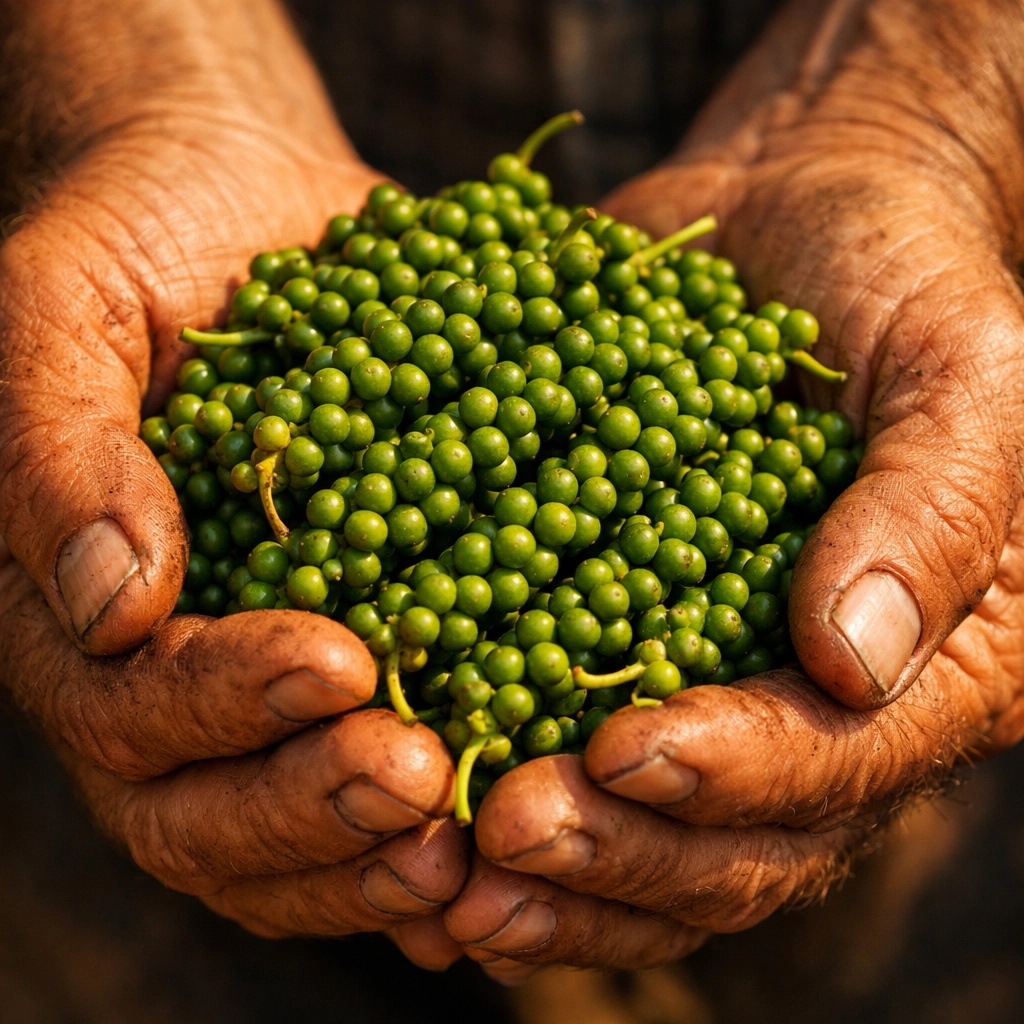 Farmer hands cradling fresh peppercorns on the vine, representing the origin of premium black pepper online.