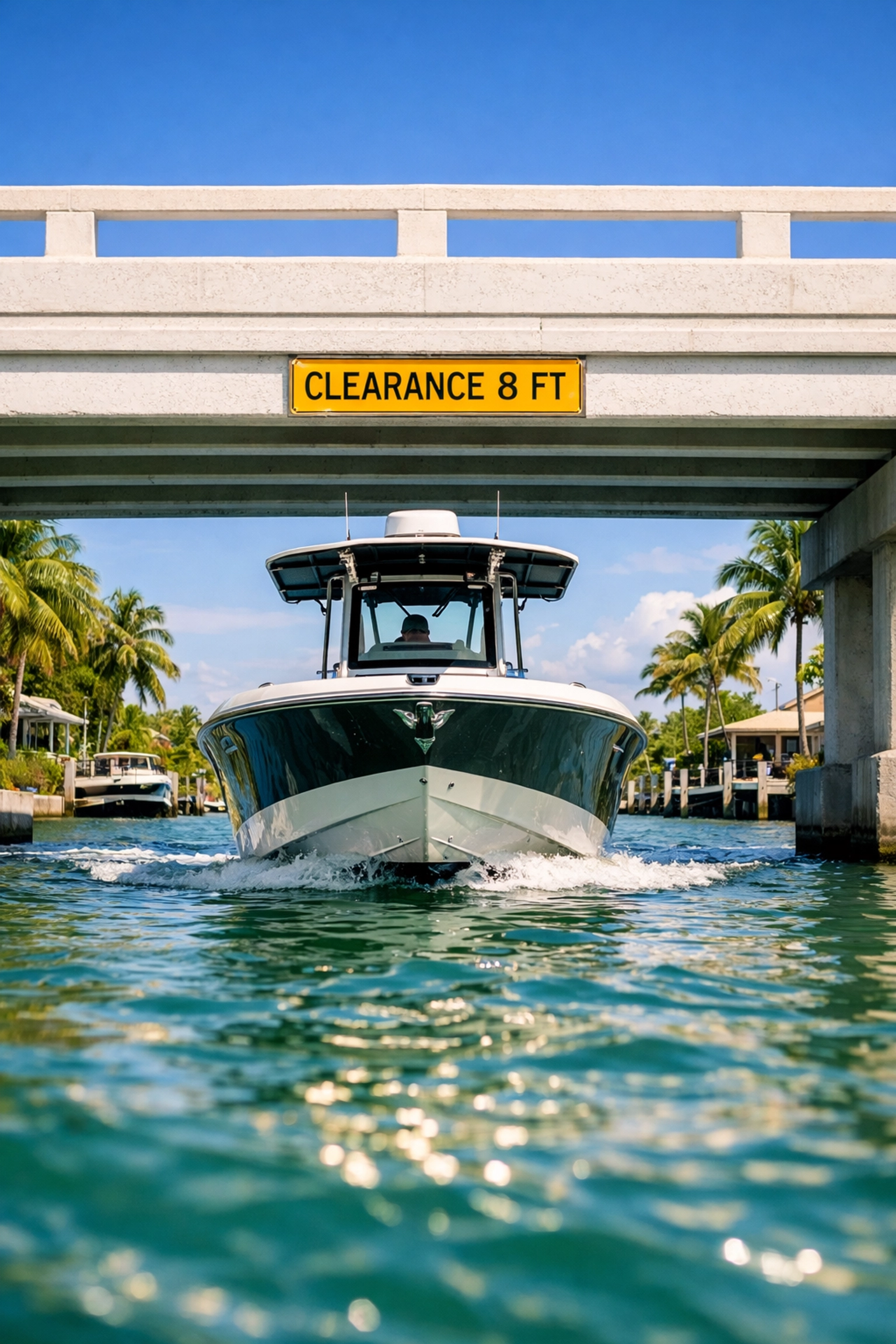 A boat approaching a canal bridge in Southwest Florida, demonstrating bridge clearance for waterfront property access.