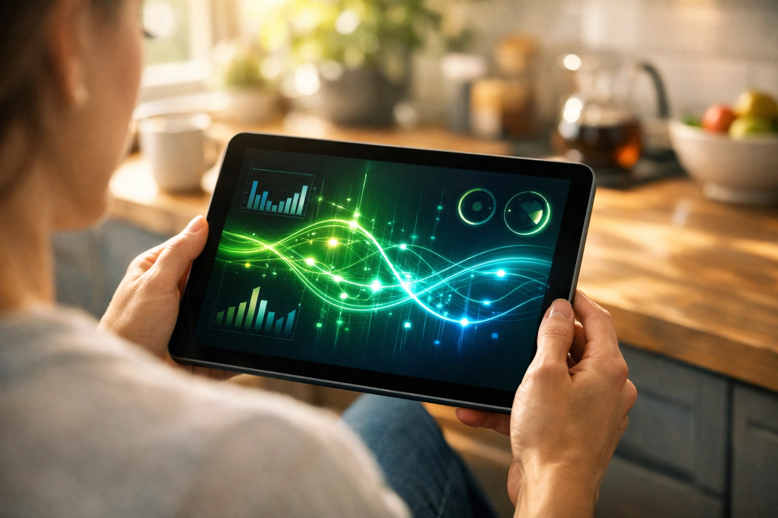 Homeowner checking solar battery performance and smart tariff savings on a tablet dashboard