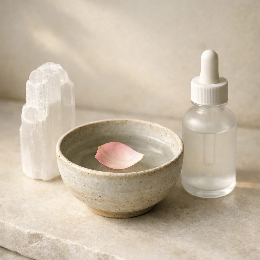 A minimalist holistic health display with a crystal and rose petal for spiritual restoration and recovery.