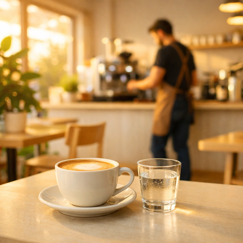A modern, inviting coffee shop interior with a fresh cup of specialty coffee, showing a successful cafe environment.