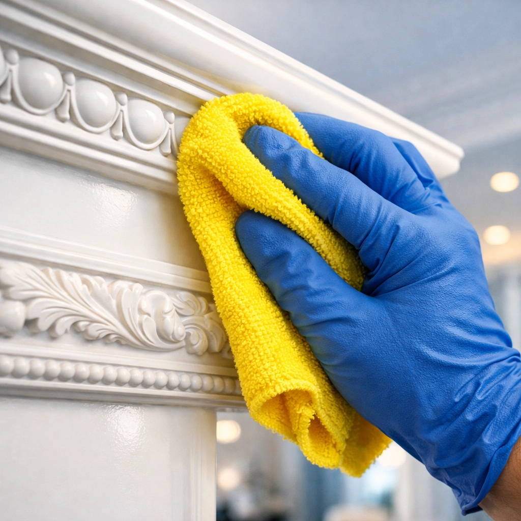 Professional hand polishing white crown molding as part of a detailed residential cleaning Massachusetts plan.