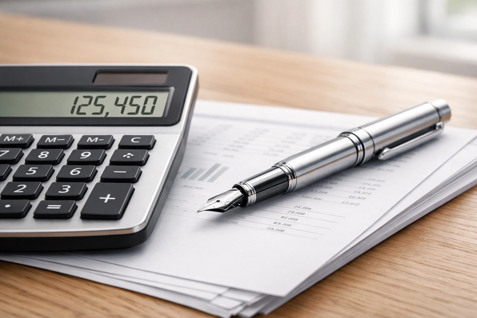 Sleek calculator and pen on financial papers illustrating affordable personal loan interest rates.