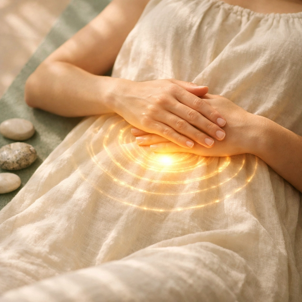 Woman practicing energy healing body awareness with hands on solar plexus center