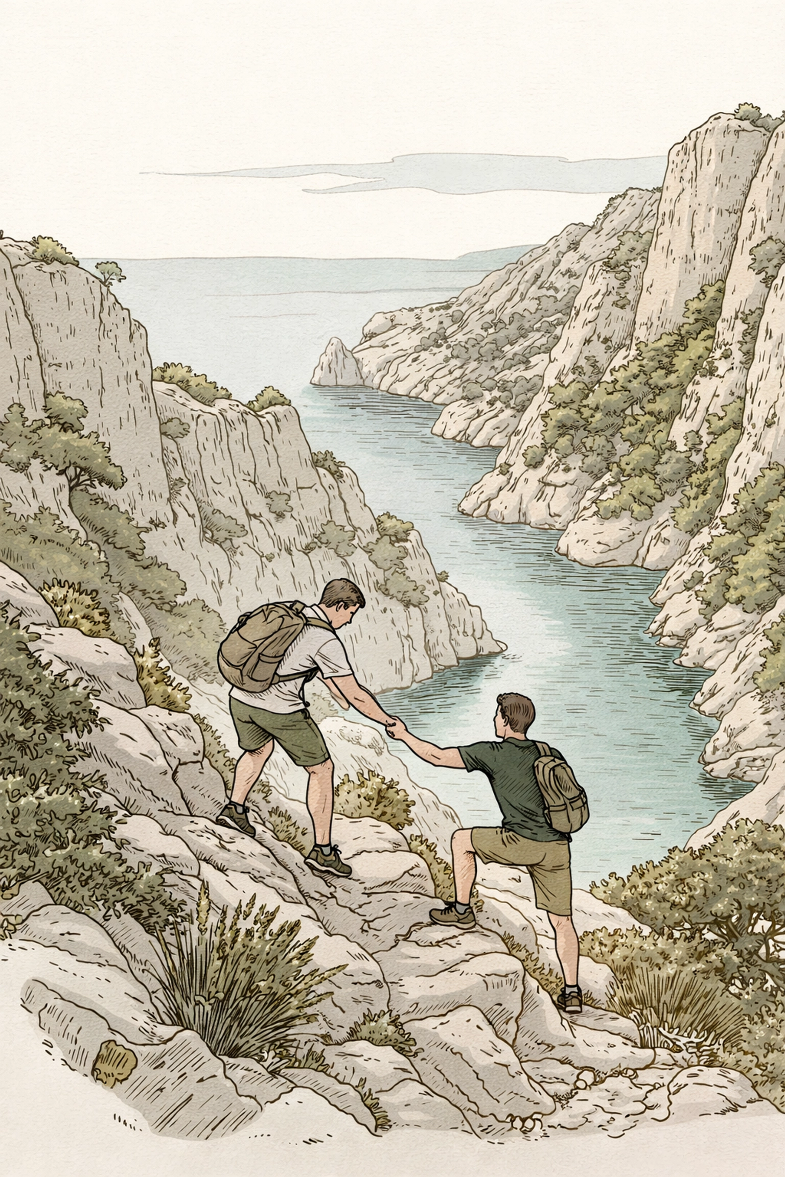 Two men hiking above the Calanques in France, exploring dramatic cliffs and hidden nude coves on a naturist adventure.