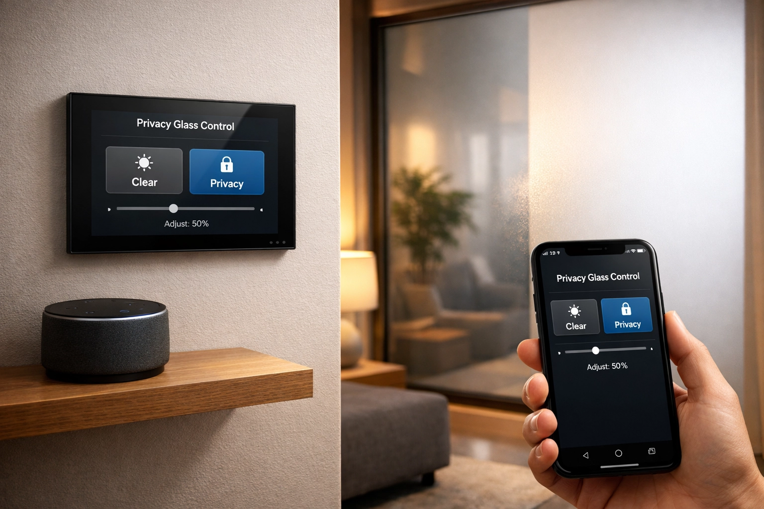 Smart home control options for switchable privacy film with app, voice assistant, and wall panel