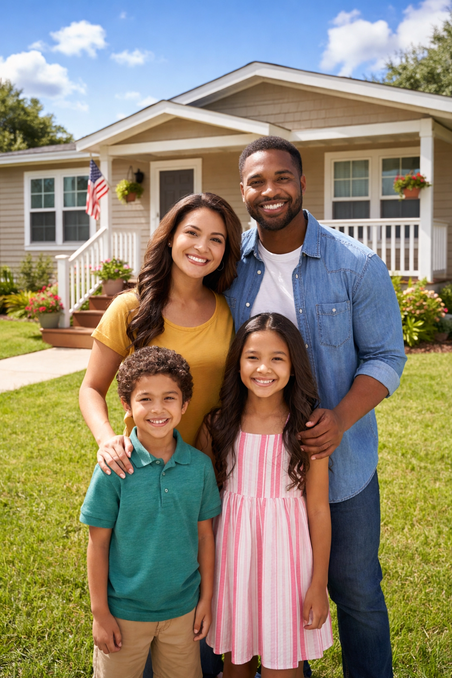 Happy family standing proudly in front of their new manufactured home in Terrell, Texas
