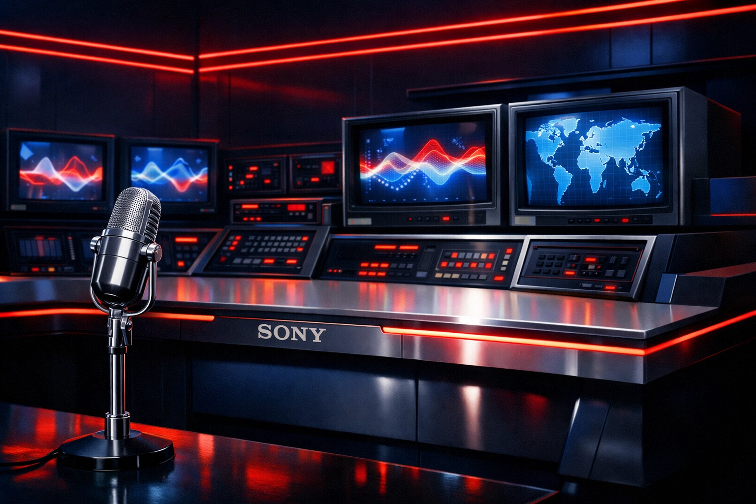 A calm, old-school Christian newsroom desk with silver monitors and microphones for The McReport Night Cap.