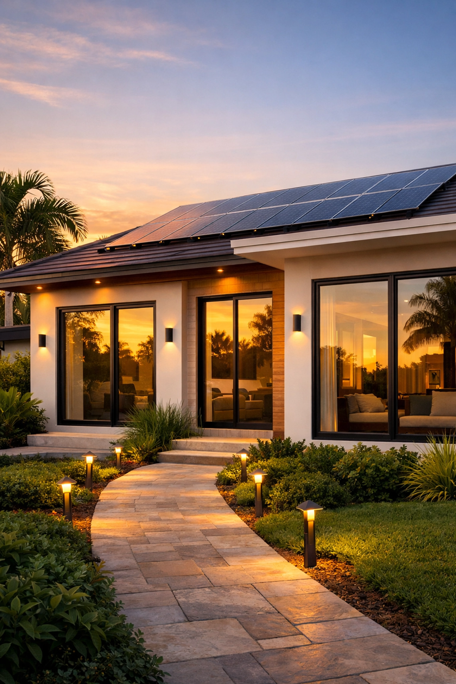 Orlando home exterior featuring solar panels and energy-efficient windows for green building