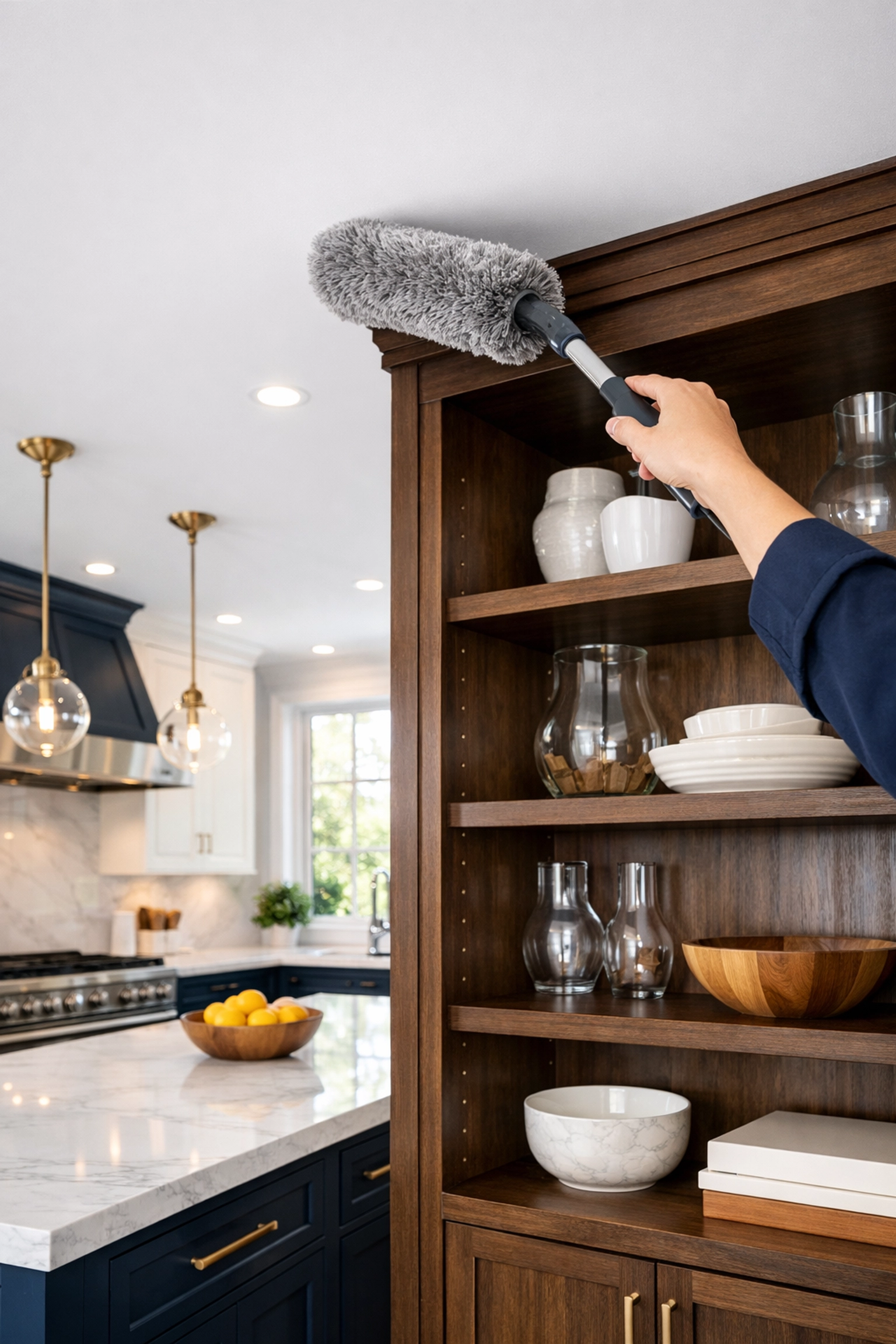 Professional Needham house cleaning expert dusting high shelves in a luxury kitchen estate.