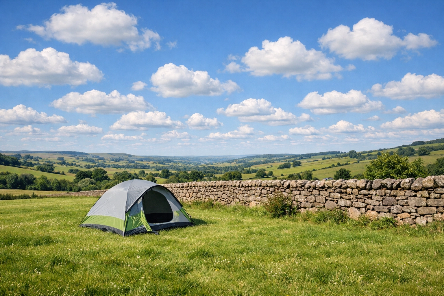 White cumulus clouds over a tent during a fair weather camping adventure in the UK.