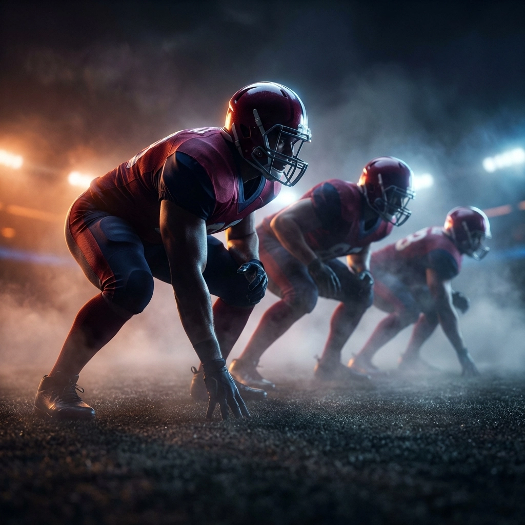 Ole Miss defensive line in aggressive stance, emphasizing strength and competition in the SEC