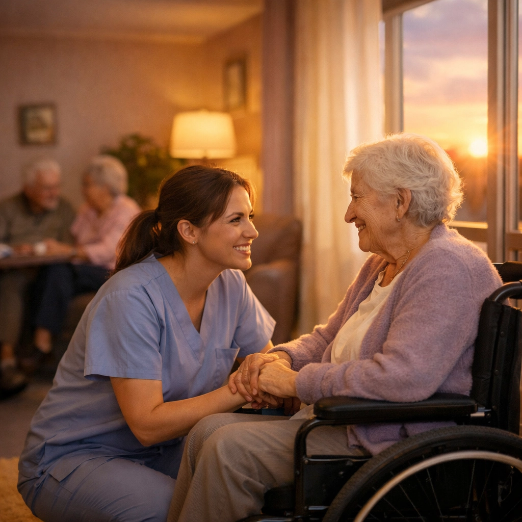 Caregiver engaging with senior resident during evening hours at assisted living facility in Sarasota