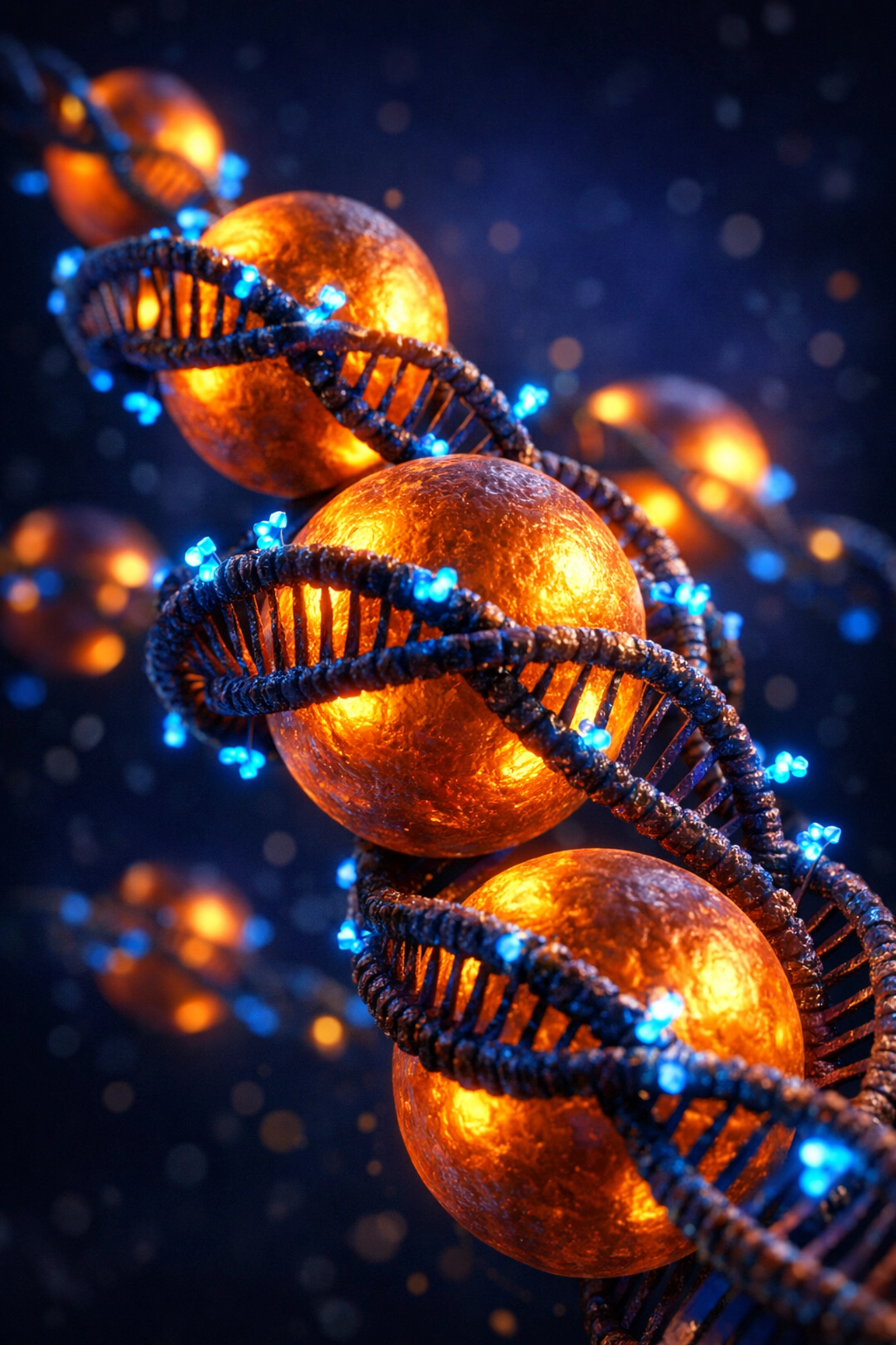 Microscopic DNA strand with methyl tags coiling around histone proteins to regulate gene expression.