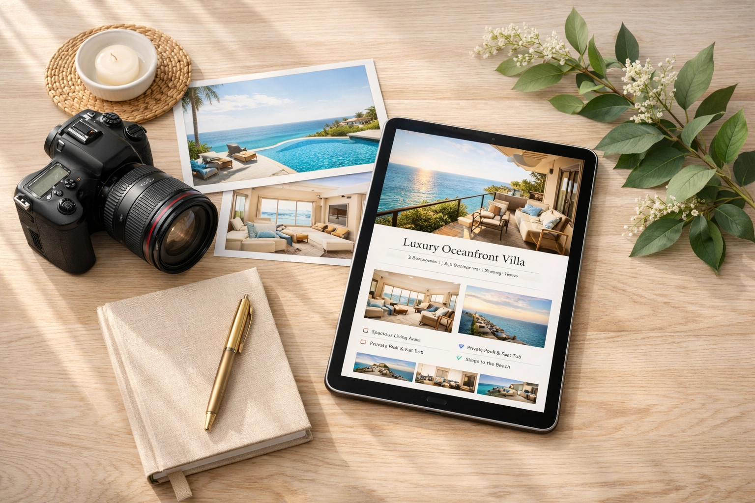 Professional vacation rental marketing materials with camera and property listing photos