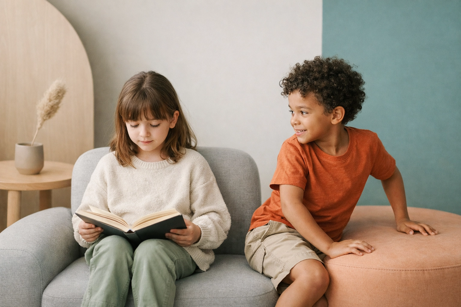 Two children displaying different ADHD presentations side by side in calm, understanding setting