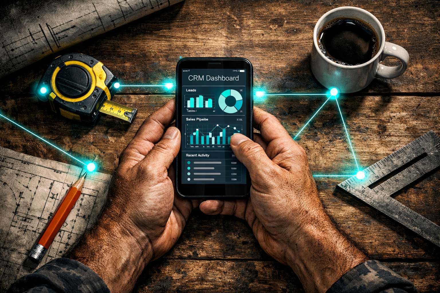 Contractor using CRM automation system on smartphone with construction tools on workbench