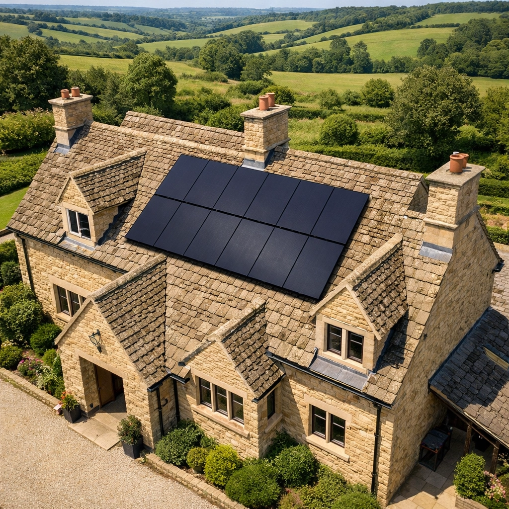 Shading-optimized solar panel layout on a complex Wiltshire home roof with all-black panels.