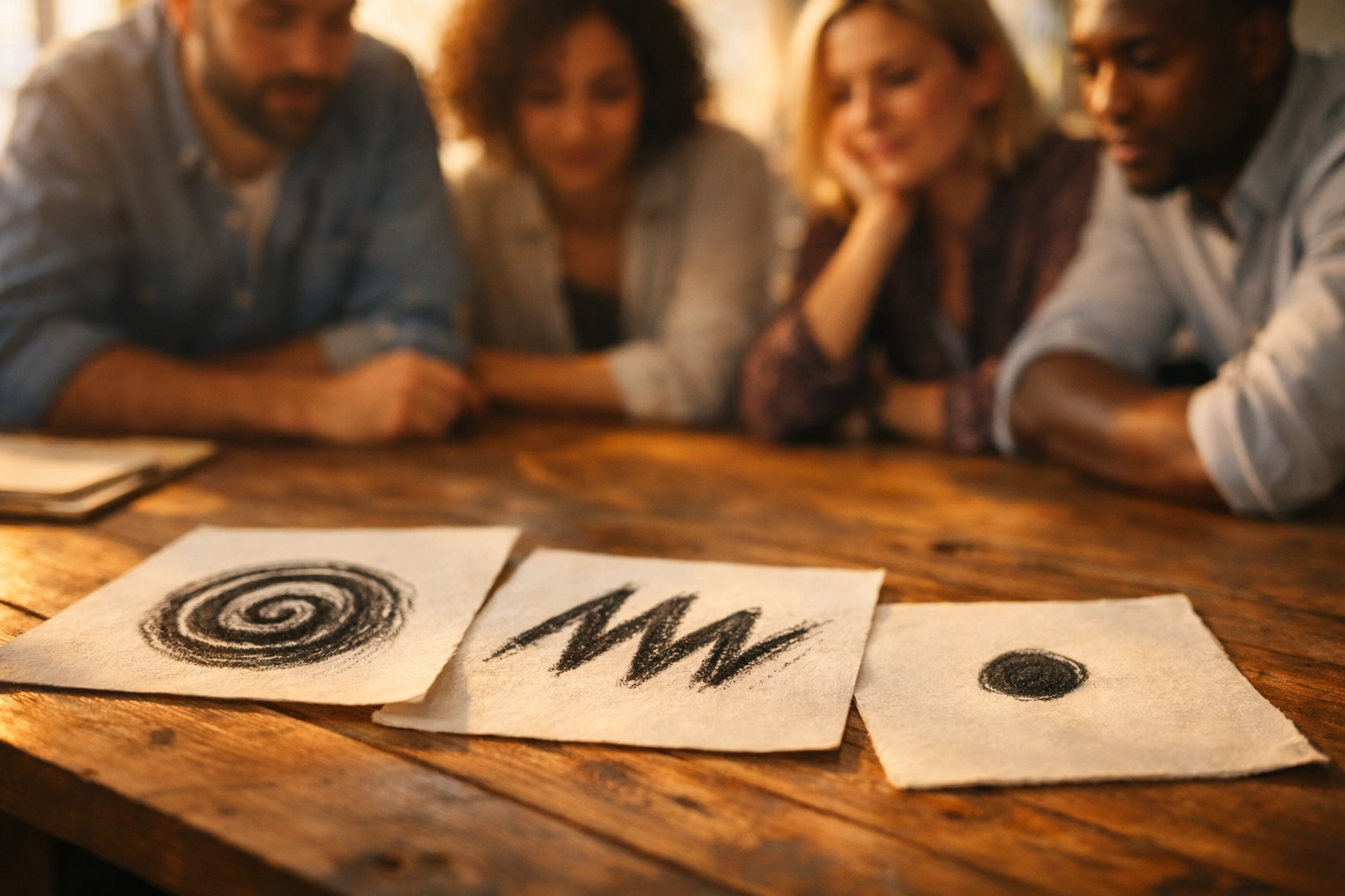 Team members drawing shapes to express feelings of burnout during a creative reset workshop.