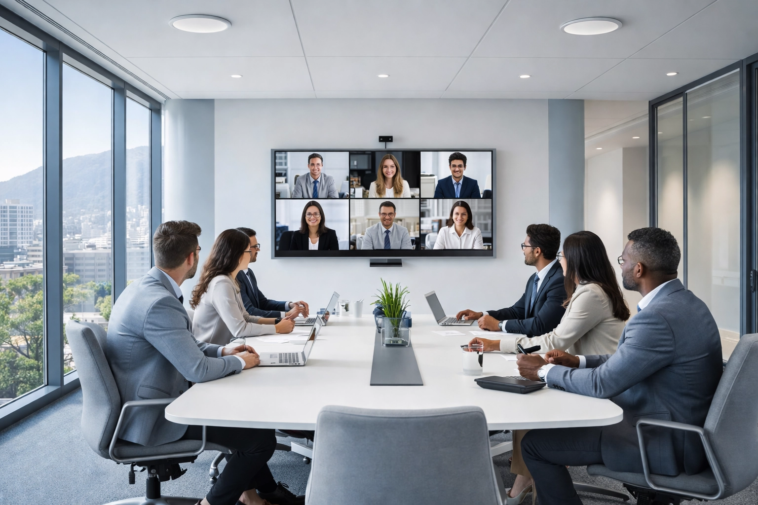 Modern Cape Town meeting room with professionals in a video conference, showcasing reliable office WiFi coverage.