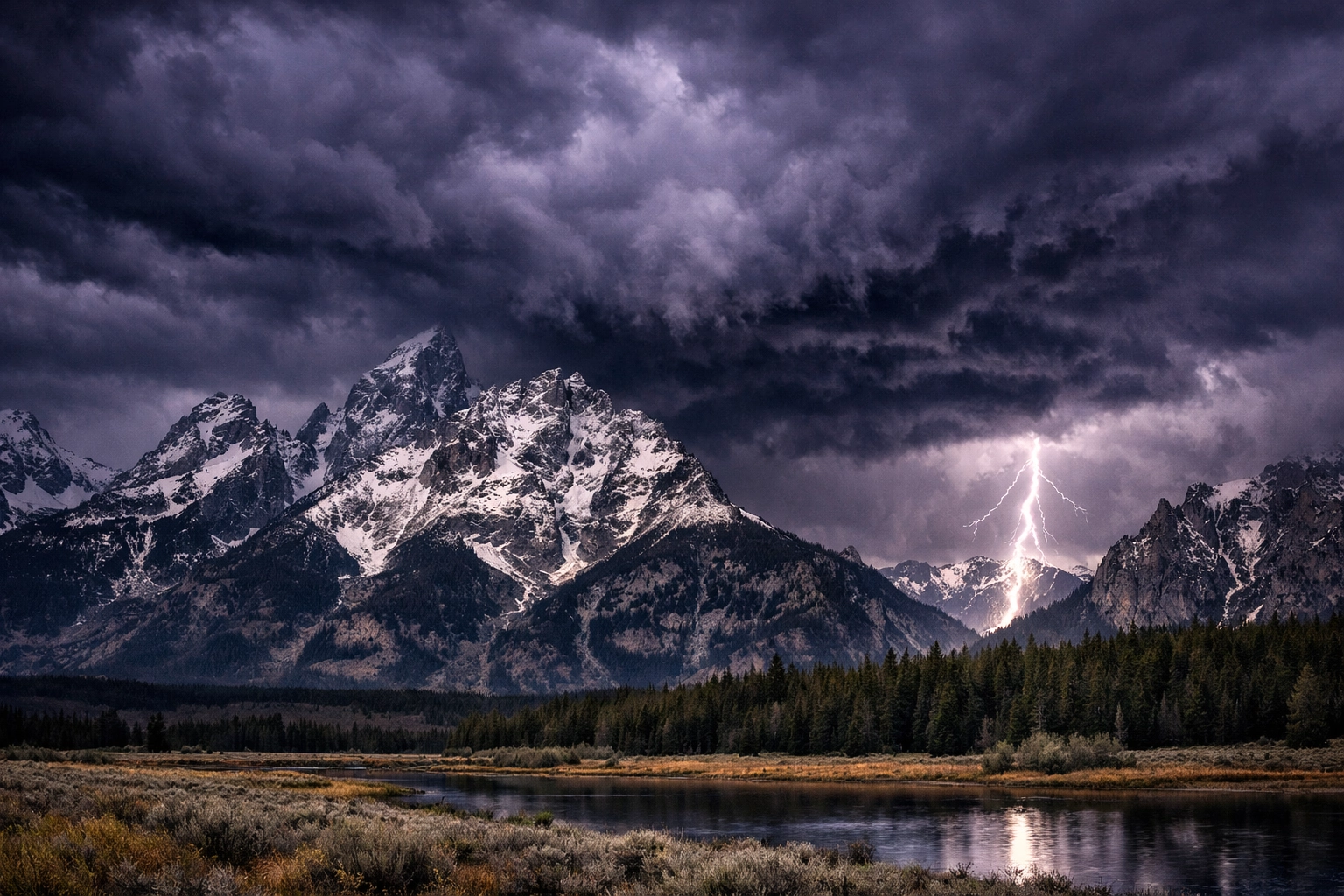 Lightning striking the Grand Teton mountains during a storm, a dramatic landscape photography moment.