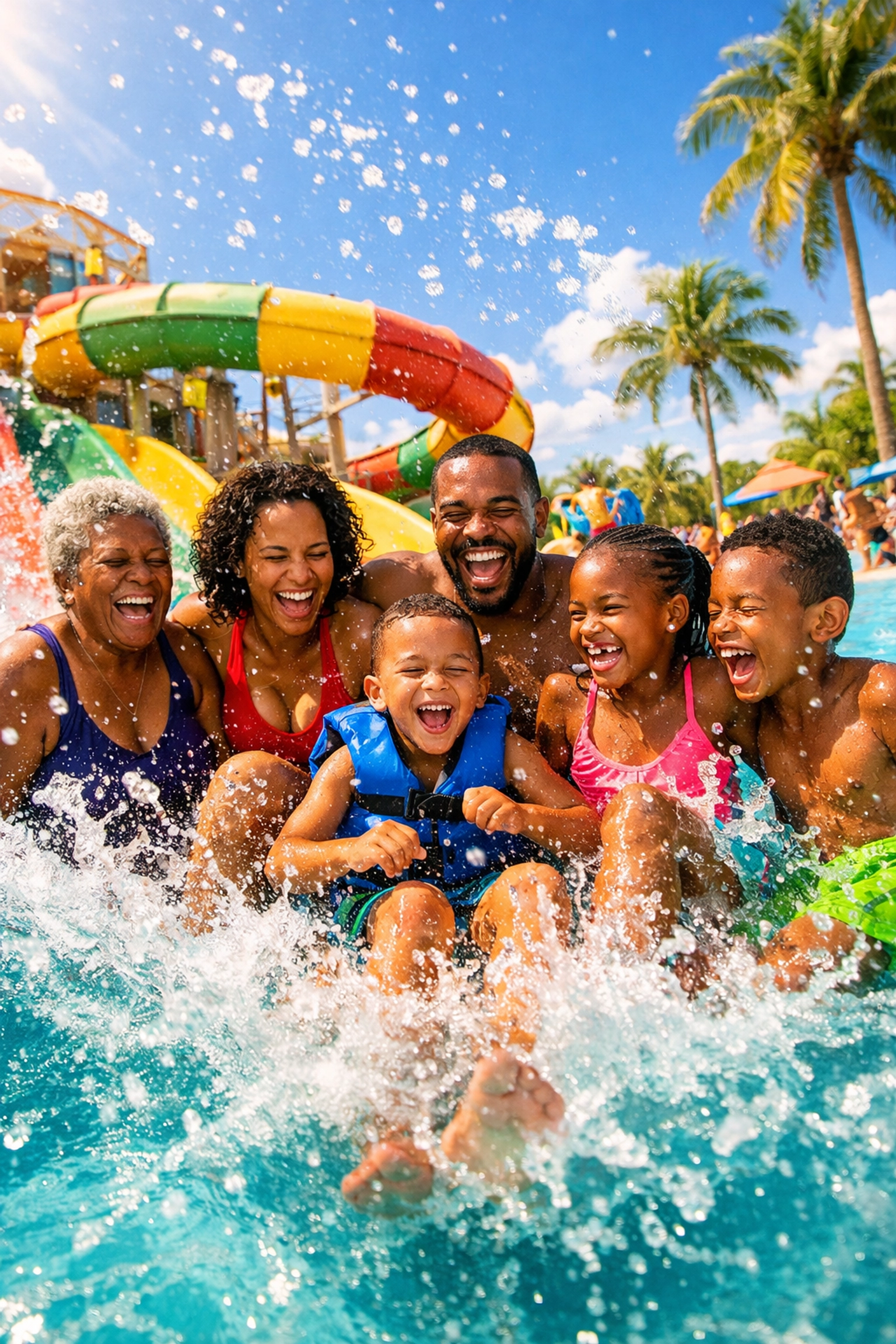 Multi-generational family enjoying water park at family-friendly all-inclusive resort