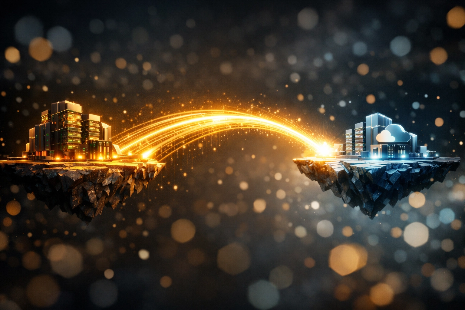 Secure digital bridge showing a smooth data migration during a Zoho CRM implementation process.