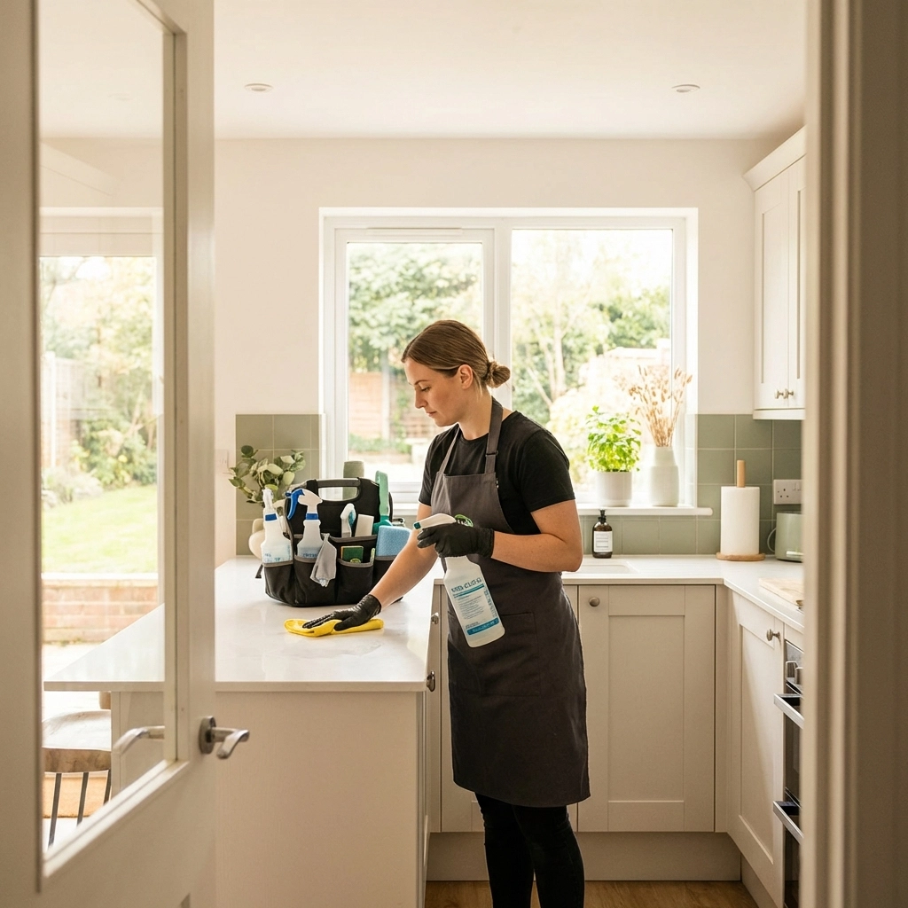 An independent cleaner works diligently in a spotless kitchen, highlighting solo cleaning professionalism and care.