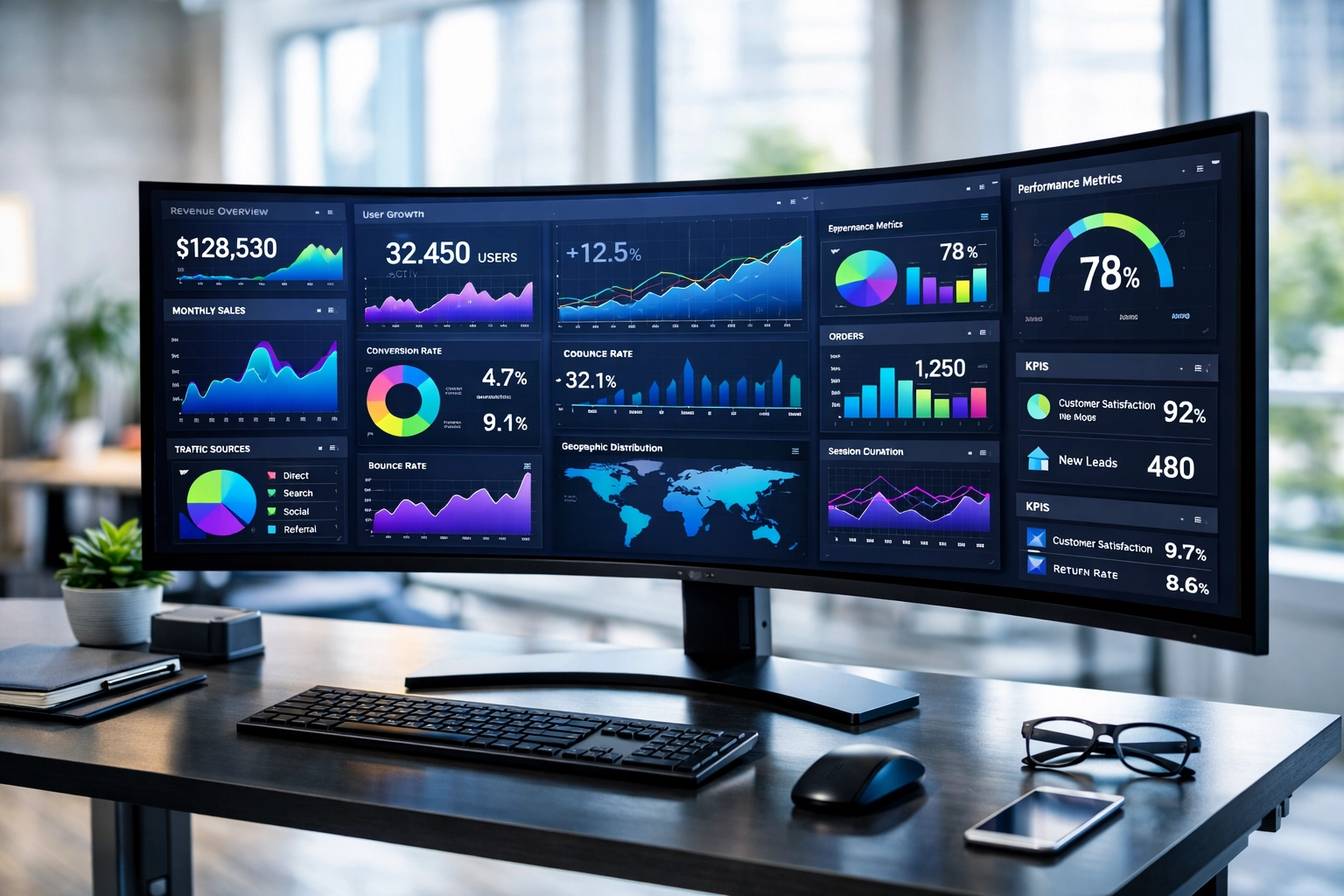 Analytics dashboard displaying media asset performance metrics and campaign ROI data on ultrawide monitor