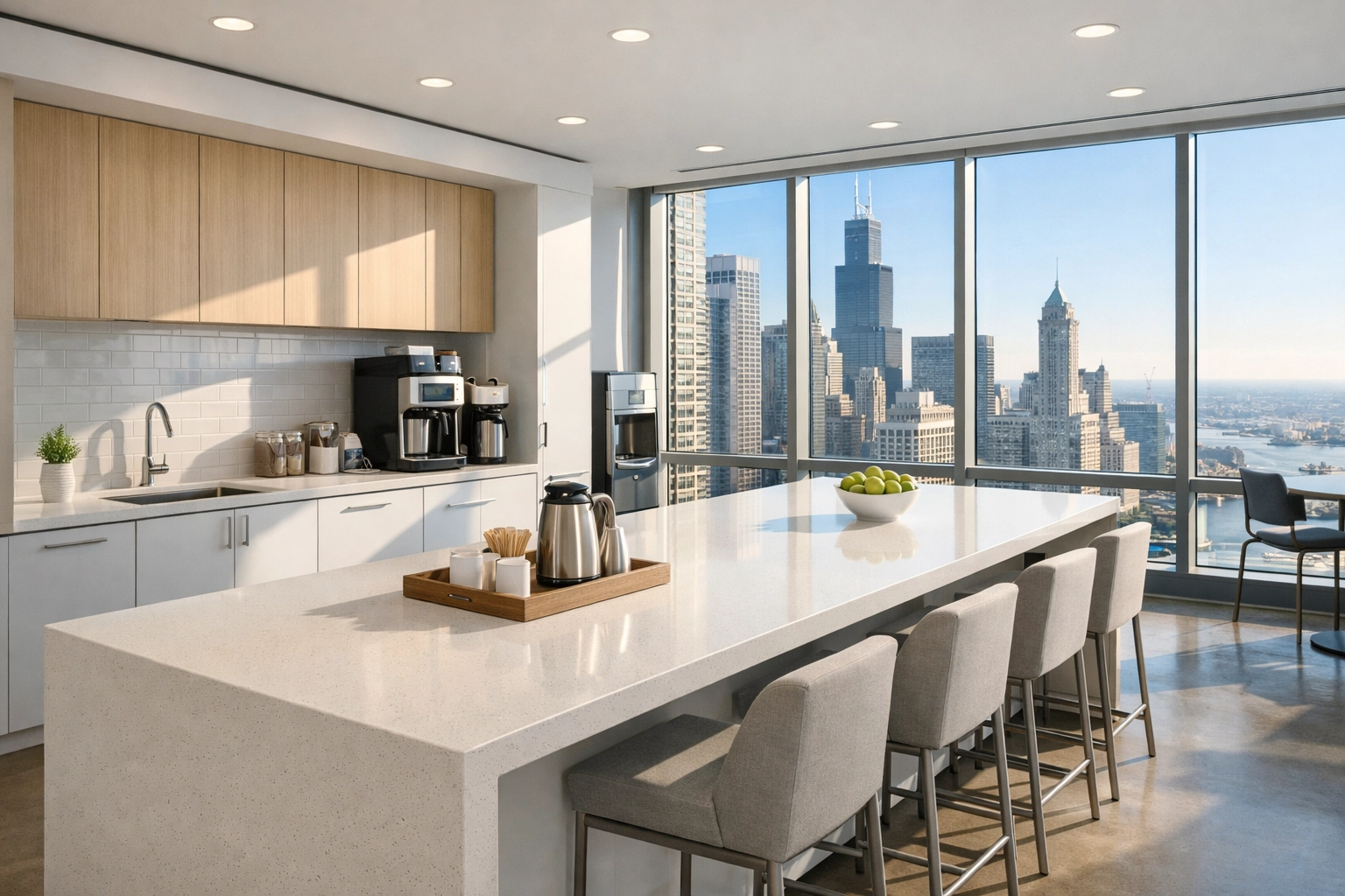 Clean corporate breakroom in a Chicago high-rise office showing reliable janitorial standards.