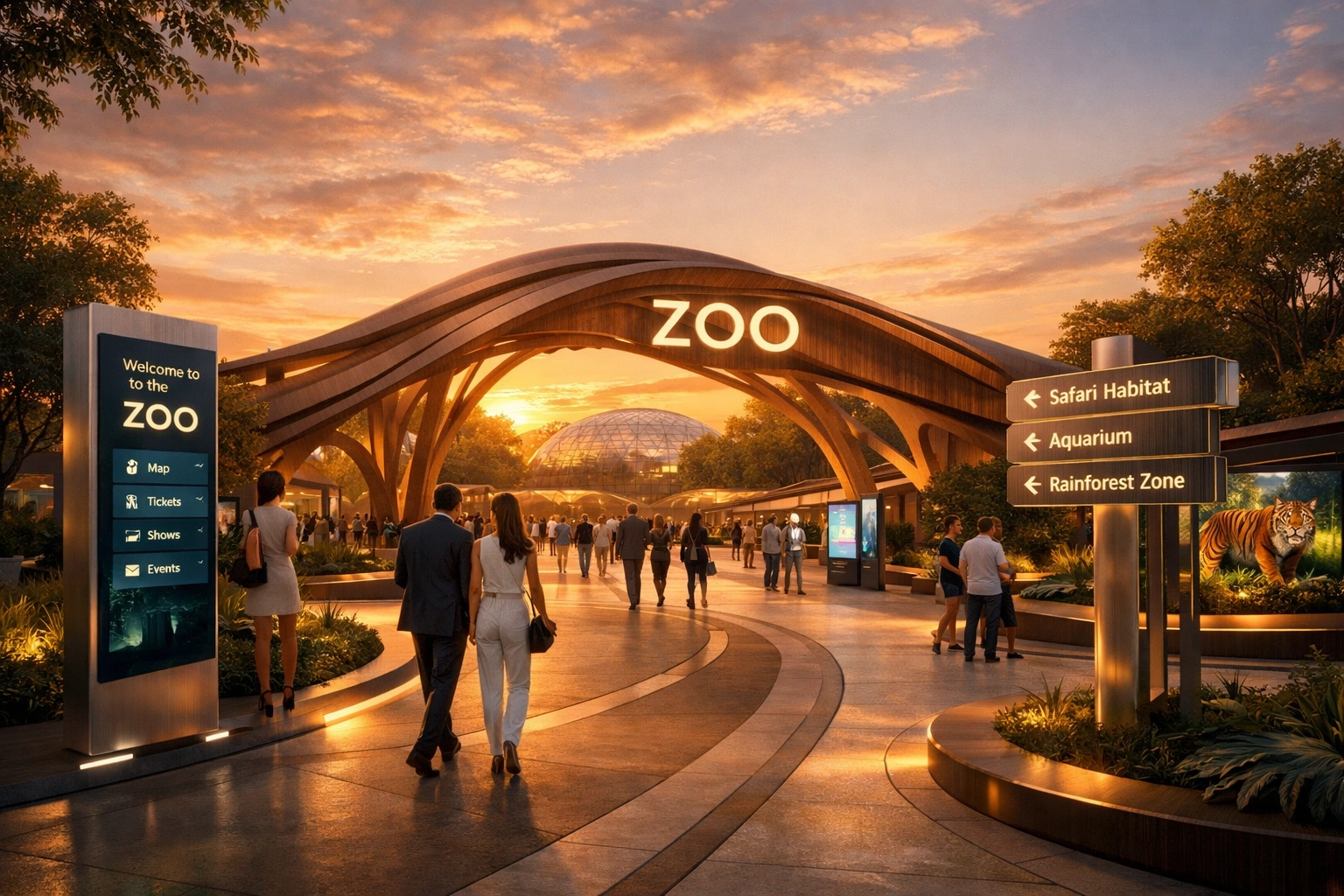 Modern zoo entrance featuring integrated digital signage and smart venue information pylons.