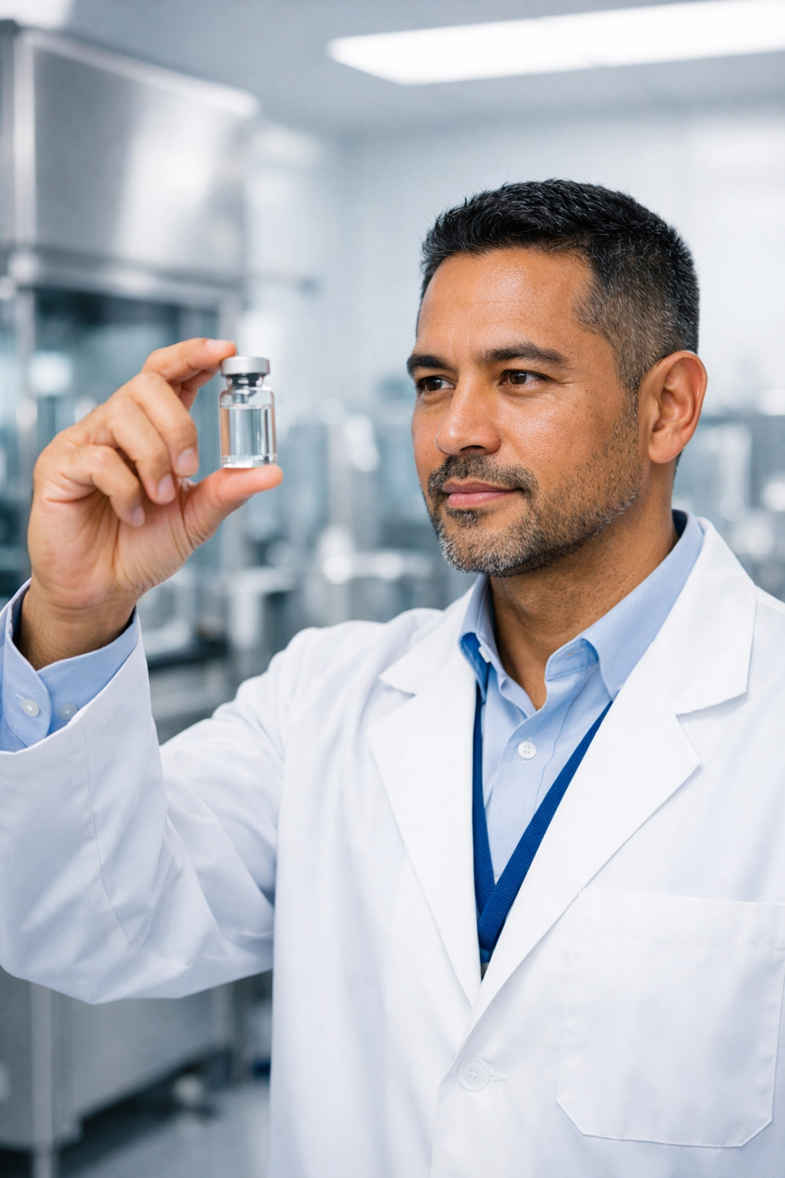 Pharmacist inspecting a medical vial in a sterile lab, ensuring quality for compounded tirzepatide in California.
