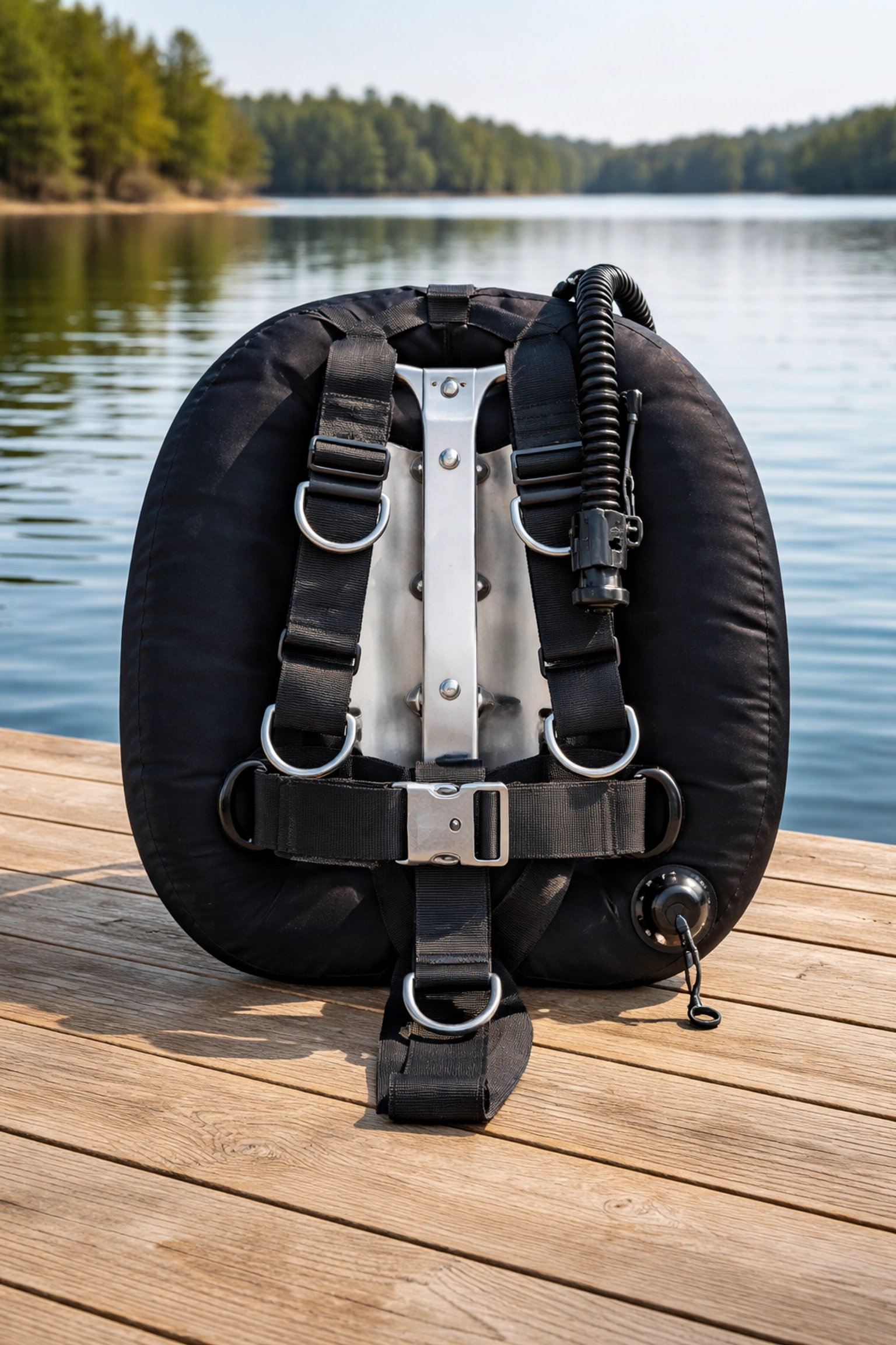 Premium Wing-System mit Edelstahl-Backplate, professionell präsentiert auf einem Steg am Goitzschesee