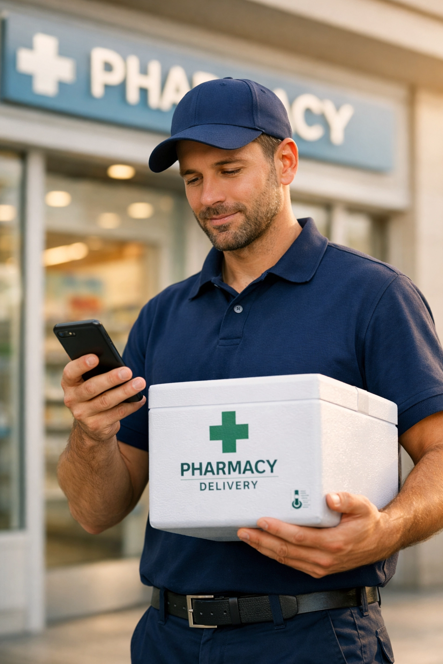 Professional courier checking smartphone while handling temperature-controlled pharmacy delivery package